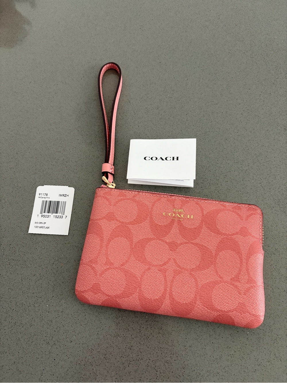 Coach Candy Pink Wristlet Wallet Gold Accents Coral Pink Repeating C Logo NEW - Picture 2 of 12